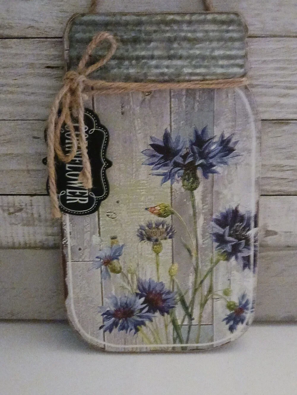 Floral Mason Jar Wall Hanging - Blue Cornflower Design